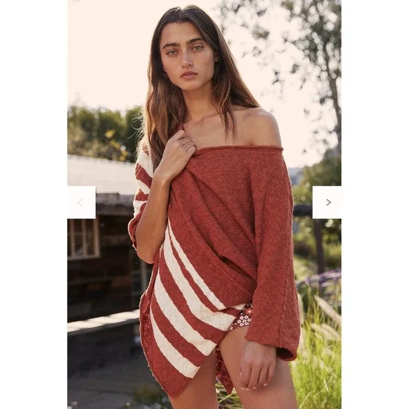 Free People Beach Ira Sweater Poncho Tunic Rust Orange Striped Cotton Size S/P - Picture 7 of 7